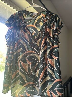 DR2 Green and Peach Leaf-Print V-Neck Flutter Sleeve Blouse